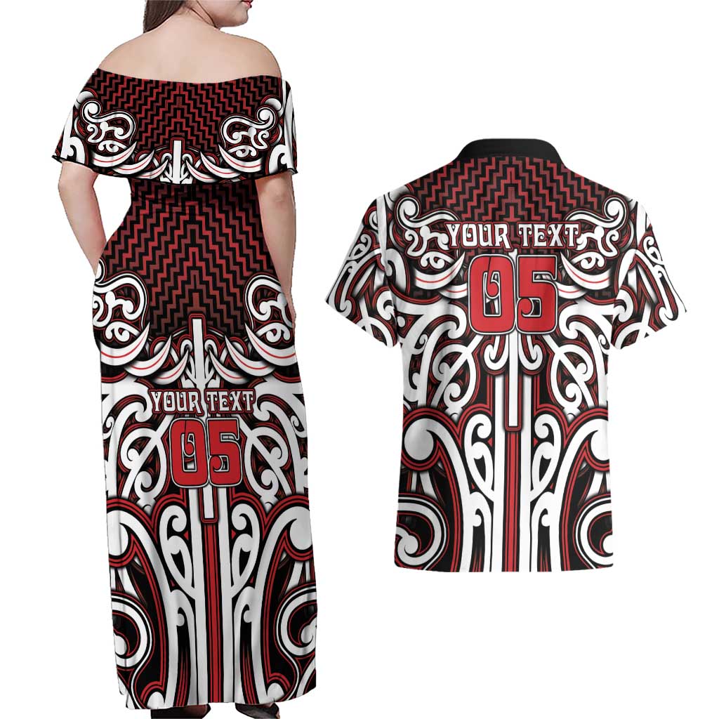 Custom Aotearoa Ngapuhi Couples Matching Off Shoulder Maxi Dress and Hawaiian Shirt Maori Tribal Pattern Mix Poutama