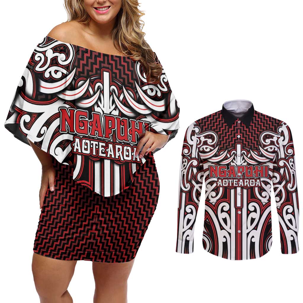 Custom Aotearoa Ngapuhi Couples Matching Off Shoulder Short Dress and Long Sleeve Button Shirt Maori Tribal Pattern Mix Poutama LT05 Red - Polynesian Pride