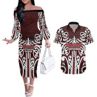 Custom Aotearoa Ngapuhi Couples Matching Off The Shoulder Long Sleeve Dress and Hawaiian Shirt Maori Tribal Pattern Mix Poutama