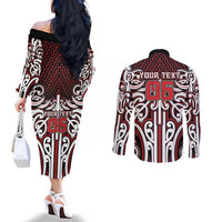 Custom Aotearoa Ngapuhi Couples Matching Off The Shoulder Long Sleeve Dress and Long Sleeve Button Shirt Maori Tribal Pattern Mix Poutama