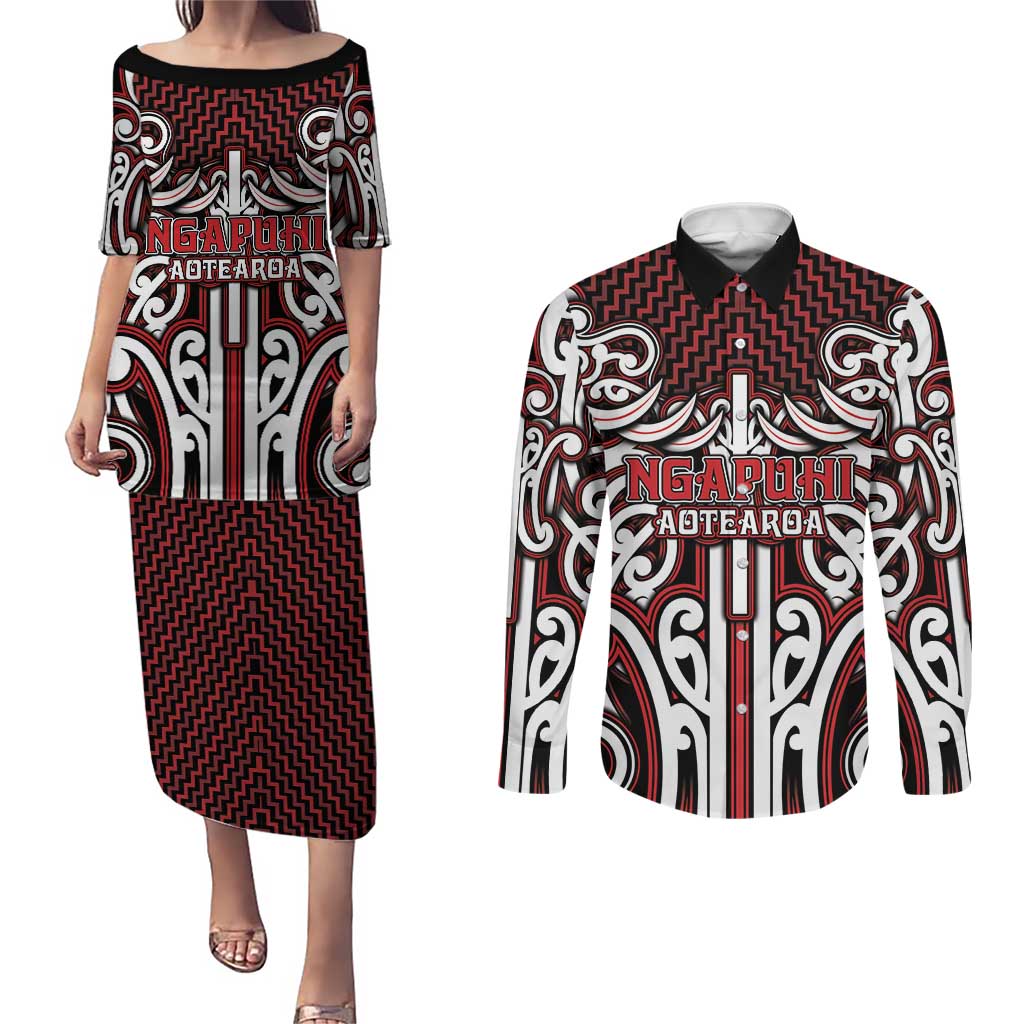 Custom Aotearoa Ngapuhi Couples Matching Puletasi and Long Sleeve Button Shirt Maori Tribal Pattern Mix Poutama LT05 Red - Polynesian Pride