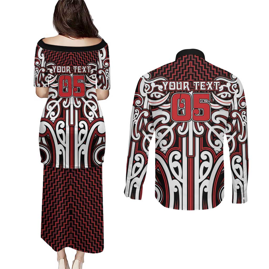Custom Aotearoa Ngapuhi Couples Matching Puletasi and Long Sleeve Button Shirt Maori Tribal Pattern Mix Poutama LT05 - Polynesian Pride