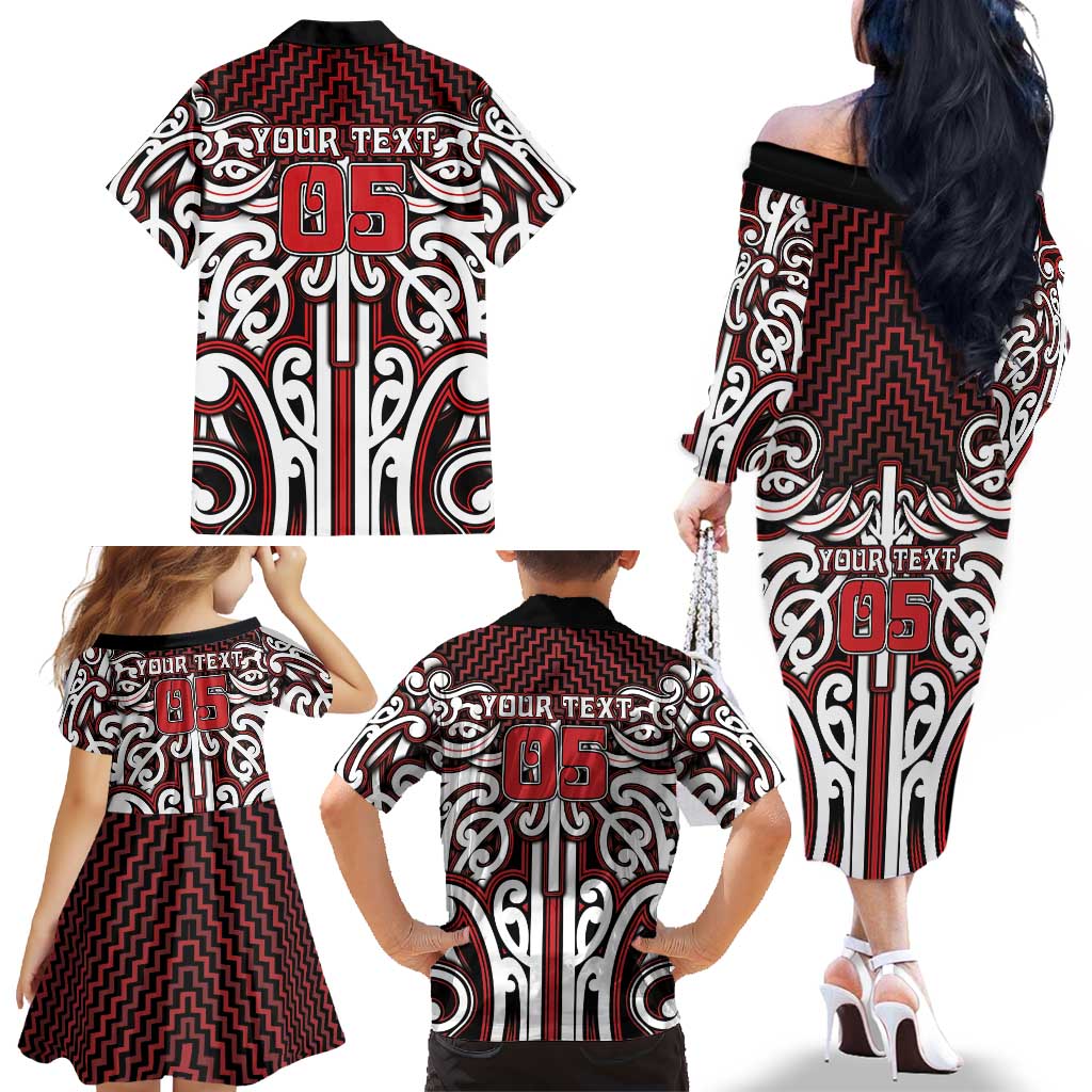 Custom Aotearoa Ngapuhi Family Matching Off The Shoulder Long Sleeve Dress and Hawaiian Shirt Maori Tribal Pattern Mix Poutama