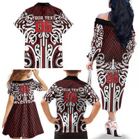 Custom Aotearoa Ngapuhi Family Matching Off The Shoulder Long Sleeve Dress and Hawaiian Shirt Maori Tribal Pattern Mix Poutama