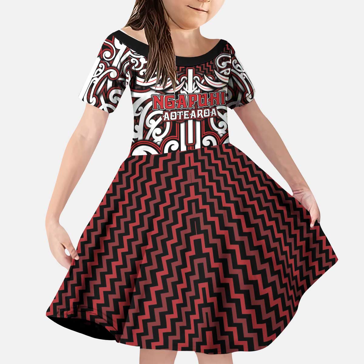 Custom Aotearoa Ngapuhi Kid Short Sleeve Dress Maori Tribal Pattern Mix Poutama LT05 KID Red - Polynesian Pride