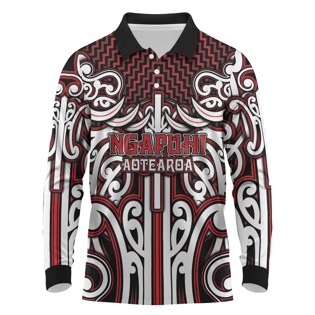 Custom Aotearoa Ngapuhi Long Sleeve Polo Shirt Maori Tribal Pattern Mix Poutama LT05 Red - Polynesian Pride