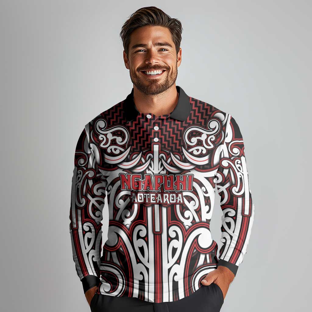 Custom Aotearoa Ngapuhi Long Sleeve Polo Shirt Maori Tribal Pattern Mix Poutama LT05 - Polynesian Pride