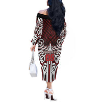 Custom Aotearoa Ngapuhi Off The Shoulder Long Sleeve Dress Maori Tribal Pattern Mix Poutama LT05 - Polynesian Pride