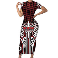 Custom Aotearoa Ngapuhi Short Sleeve Bodycon Dress Maori Tribal Pattern Mix Poutama LT05 Long Dress Red - Polynesian Pride