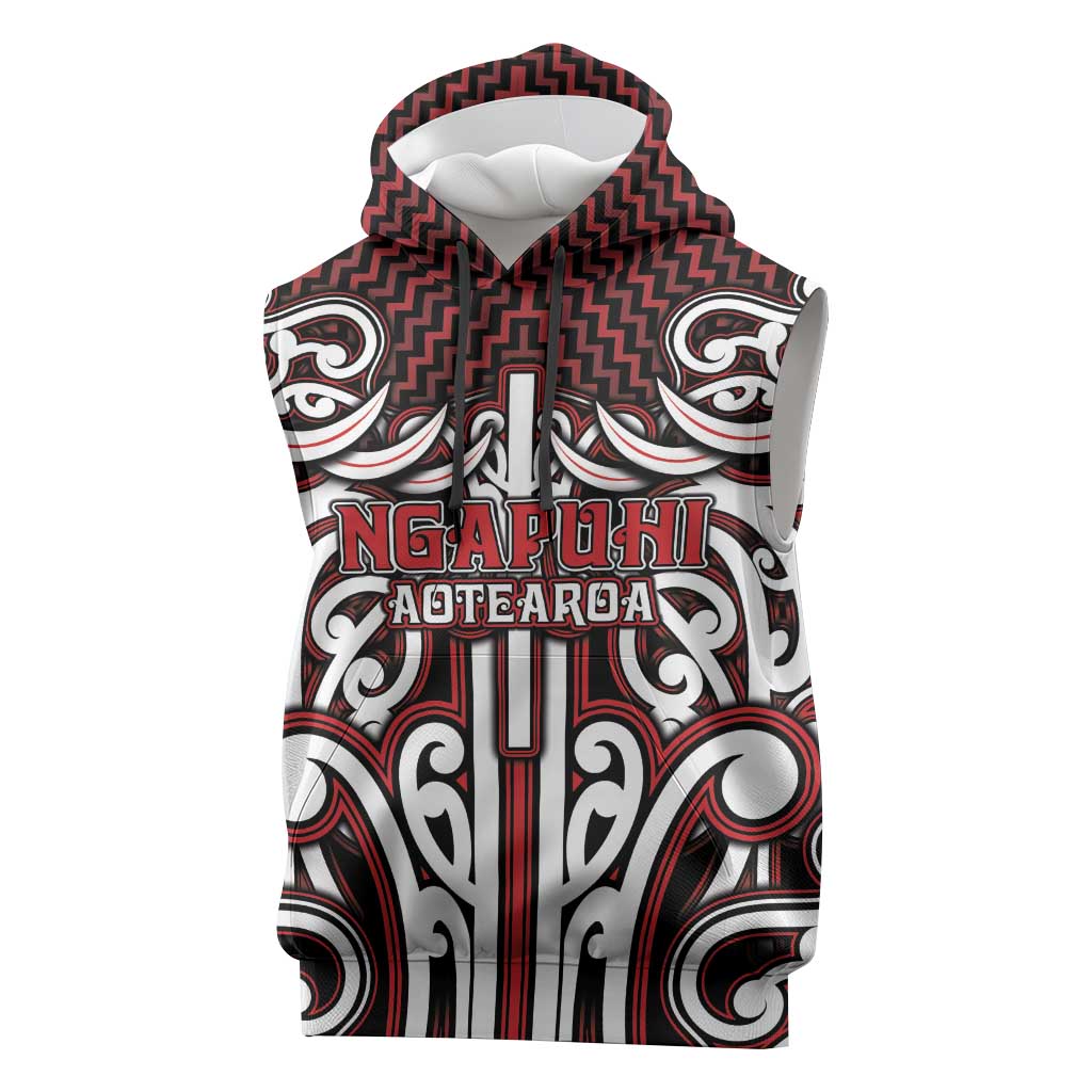 Custom Aotearoa Ngapuhi Sleeveless Hoodie Maori Tribal Pattern Mix Poutama LT05 Red - Polynesian Pride