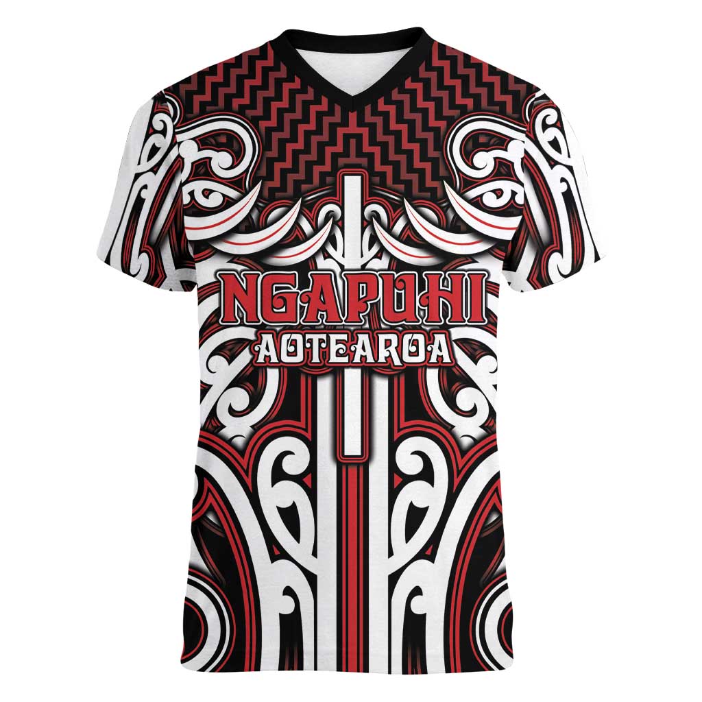 Custom Aotearoa Ngapuhi Women V-Neck T-Shirt Maori Tribal Pattern Mix Poutama