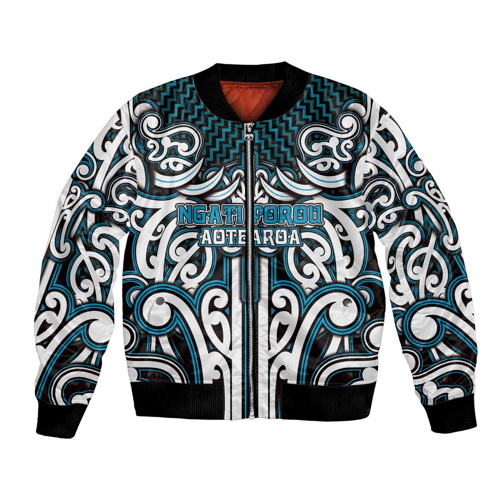 Custom Aotearoa Ngati Porou Bomber Jacket Maori Tribal Pattern Mix Poutama LT05 Unisex Blue - Polynesian Pride