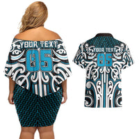 Custom Aotearoa Ngati Porou Couples Matching Off Shoulder Short Dress and Hawaiian Shirt Maori Tribal Pattern Mix Poutama