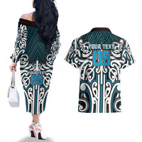 Custom Aotearoa Ngati Porou Couples Matching Off The Shoulder Long Sleeve Dress and Hawaiian Shirt Maori Tribal Pattern Mix Poutama