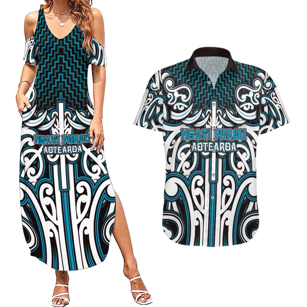 Custom Aotearoa Ngati Porou Couples Matching Summer Maxi Dress and Hawaiian Shirt Maori Tribal Pattern Mix Poutama