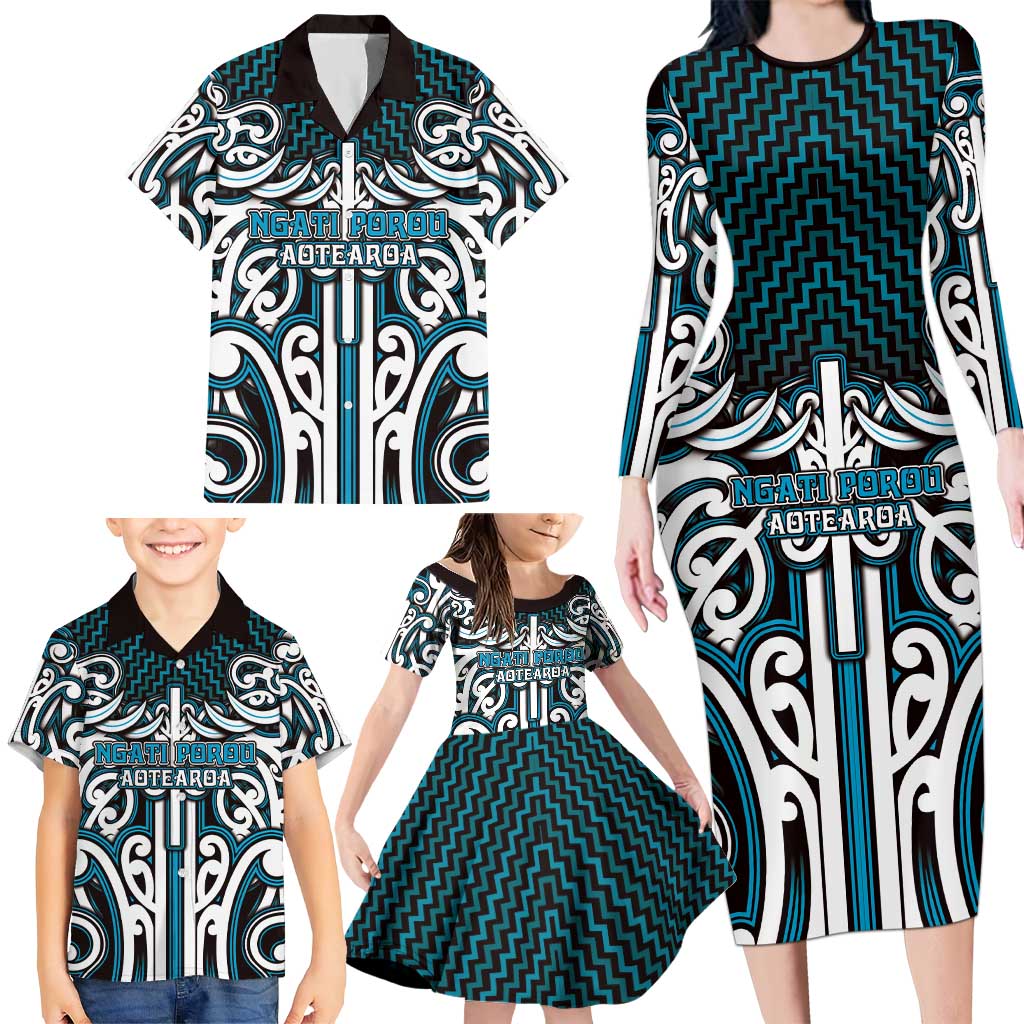 Custom Aotearoa Ngati Porou Family Matching Long Sleeve Bodycon Dress and Hawaiian Shirt Maori Tribal Pattern Mix Poutama