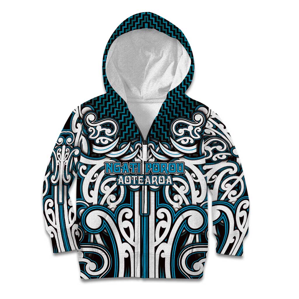 Custom Aotearoa Ngati Porou Kid Hoodie Maori Tribal Pattern Mix Poutama LT05 Zip Hoodie Blue - Polynesian Pride