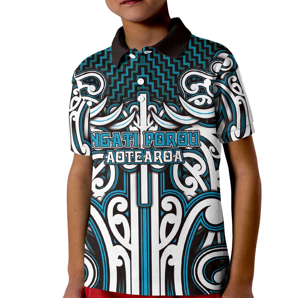 Custom Aotearoa Ngati Porou Kid Polo Shirt Maori Tribal Pattern Mix Poutama LT05 Kid Blue - Polynesian Pride