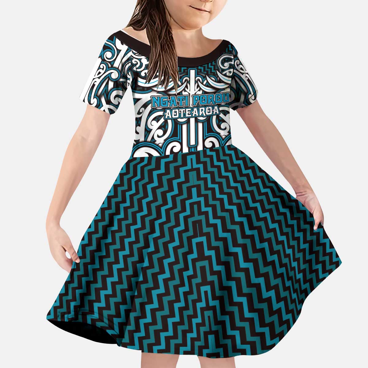 Custom Aotearoa Ngati Porou Kid Short Sleeve Dress Maori Tribal Pattern Mix Poutama