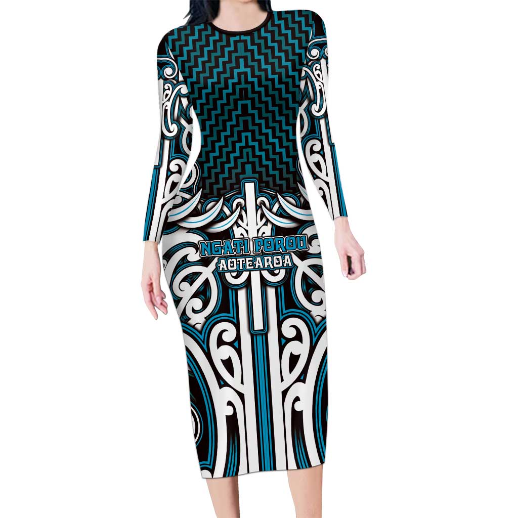 Custom Aotearoa Ngati Porou Long Sleeve Bodycon Dress Maori Tribal Pattern Mix Poutama LT05 Long Dress Blue - Polynesian Pride