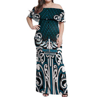 Custom Aotearoa Ngati Porou Off Shoulder Maxi Dress Maori Tribal Pattern Mix Poutama LT05 Women Blue - Polynesian Pride