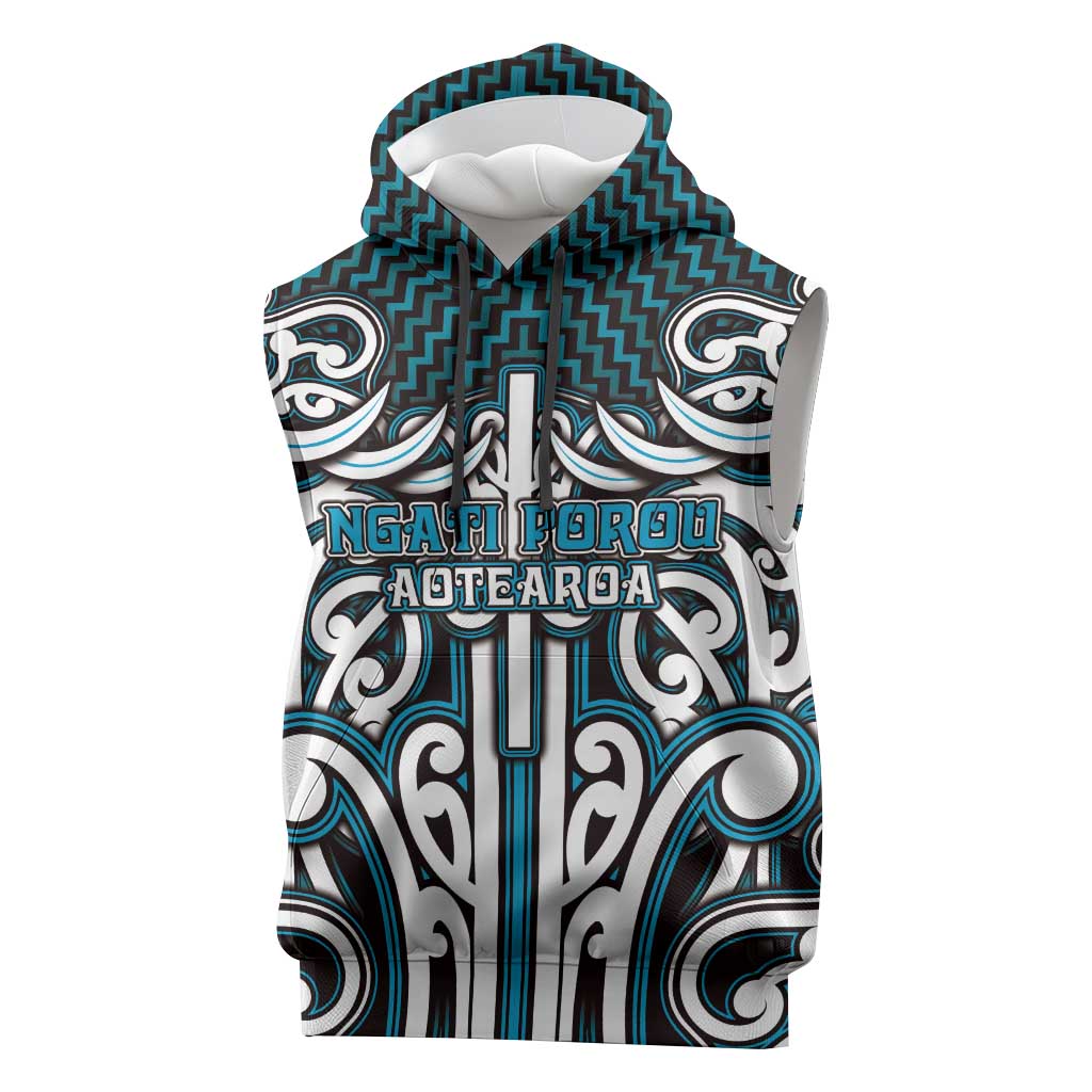 Custom Aotearoa Ngati Porou Sleeveless Hoodie Maori Tribal Pattern Mix Poutama LT05 Blue - Polynesian Pride
