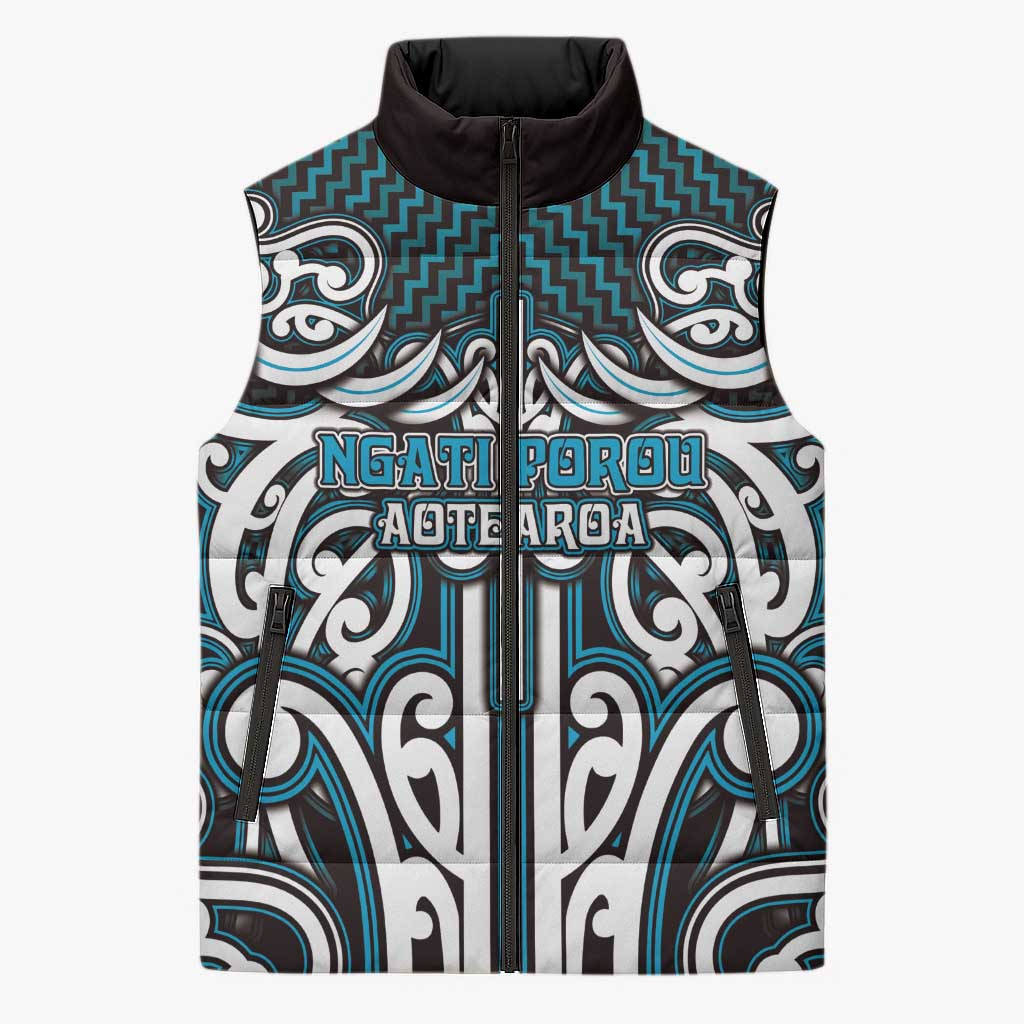 Custom Aotearoa Ngati Porou Sleeveless Puffer Jacket Maori Tribal Pattern Mix Poutama LT05 Unisex Blue - Polynesian Pride