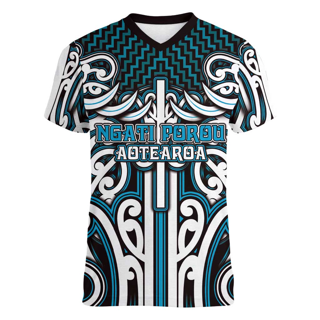 Custom Aotearoa Ngati Porou Women V-Neck T-Shirt Maori Tribal Pattern Mix Poutama