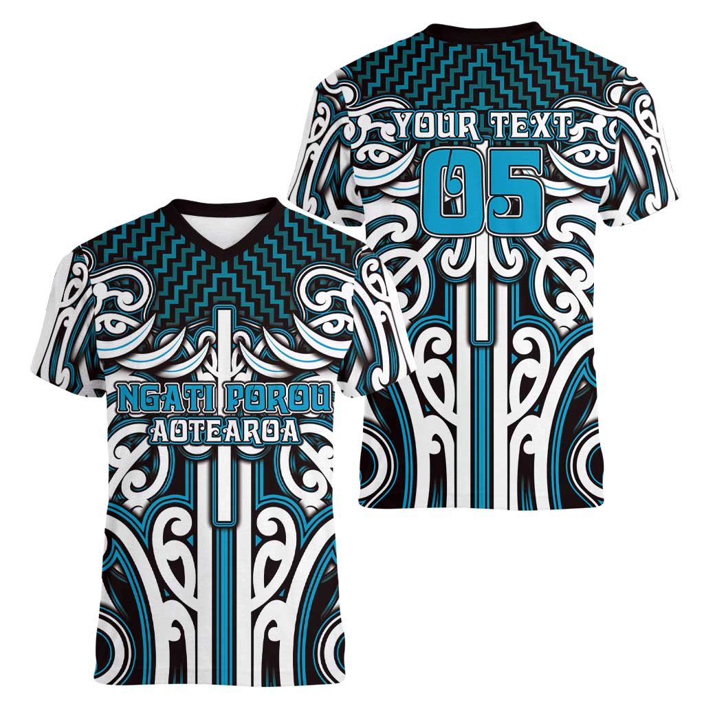 Custom Aotearoa Ngati Porou Women V-Neck T-Shirt Maori Tribal Pattern Mix Poutama