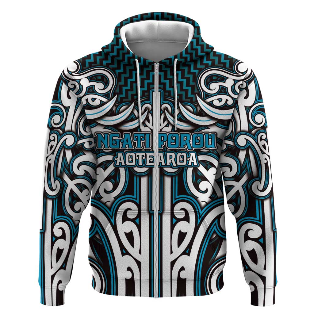 Custom Aotearoa Ngati Porou Zip Hoodie Maori Tribal Pattern Mix Poutama LT05 Zip Hoodie Blue - Polynesian Pride