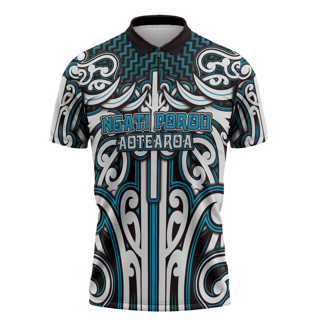 Custom Aotearoa Ngati Porou Zipper Polo Shirt Maori Tribal Pattern Mix Poutama LT05 Blue - Polynesian Pride