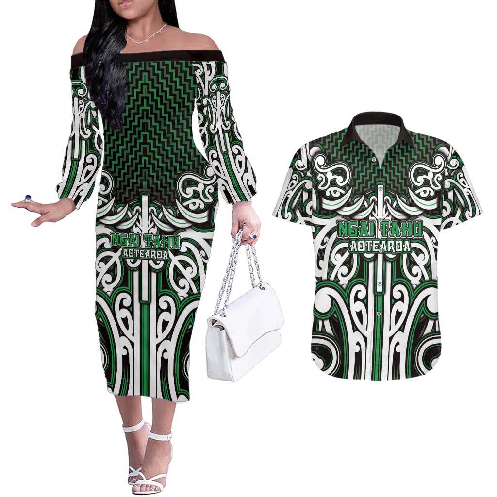 Custom Aotearoa Ngai Tahu Couples Matching Off The Shoulder Long Sleeve Dress and Hawaiian Shirt Maori Tribal Pattern Mix Poutama