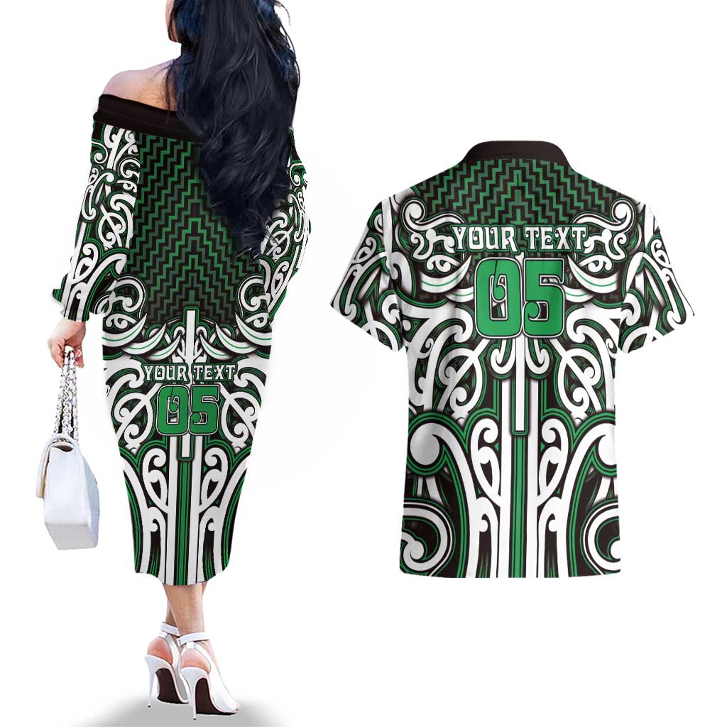 Custom Aotearoa Ngai Tahu Couples Matching Off The Shoulder Long Sleeve Dress and Hawaiian Shirt Maori Tribal Pattern Mix Poutama