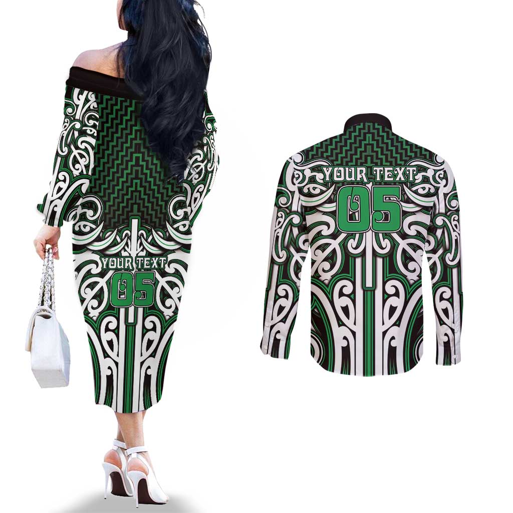 Custom Aotearoa Ngai Tahu Couples Matching Off The Shoulder Long Sleeve Dress and Long Sleeve Button Shirt Maori Tribal Pattern Mix Poutama