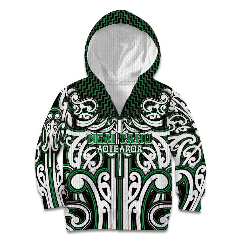 Custom Aotearoa Ngai Tahu Kid Hoodie Maori Tribal Pattern Mix Poutama LT05 Zip Hoodie Green - Polynesian Pride