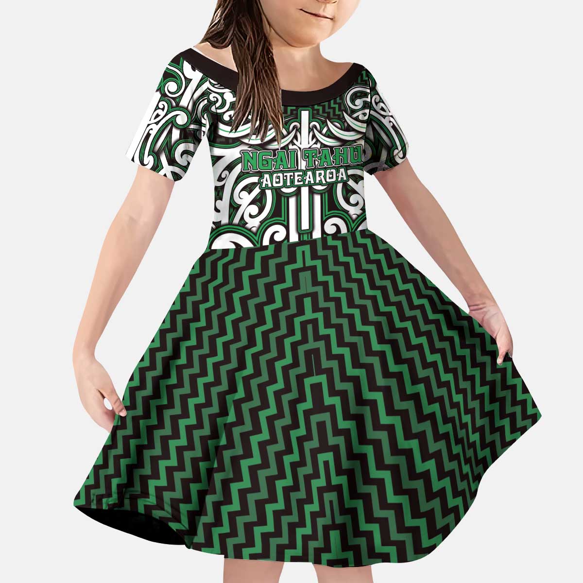 Custom Aotearoa Ngai Tahu Kid Short Sleeve Dress Maori Tribal Pattern Mix Poutama LT05 KID Green - Polynesian Pride