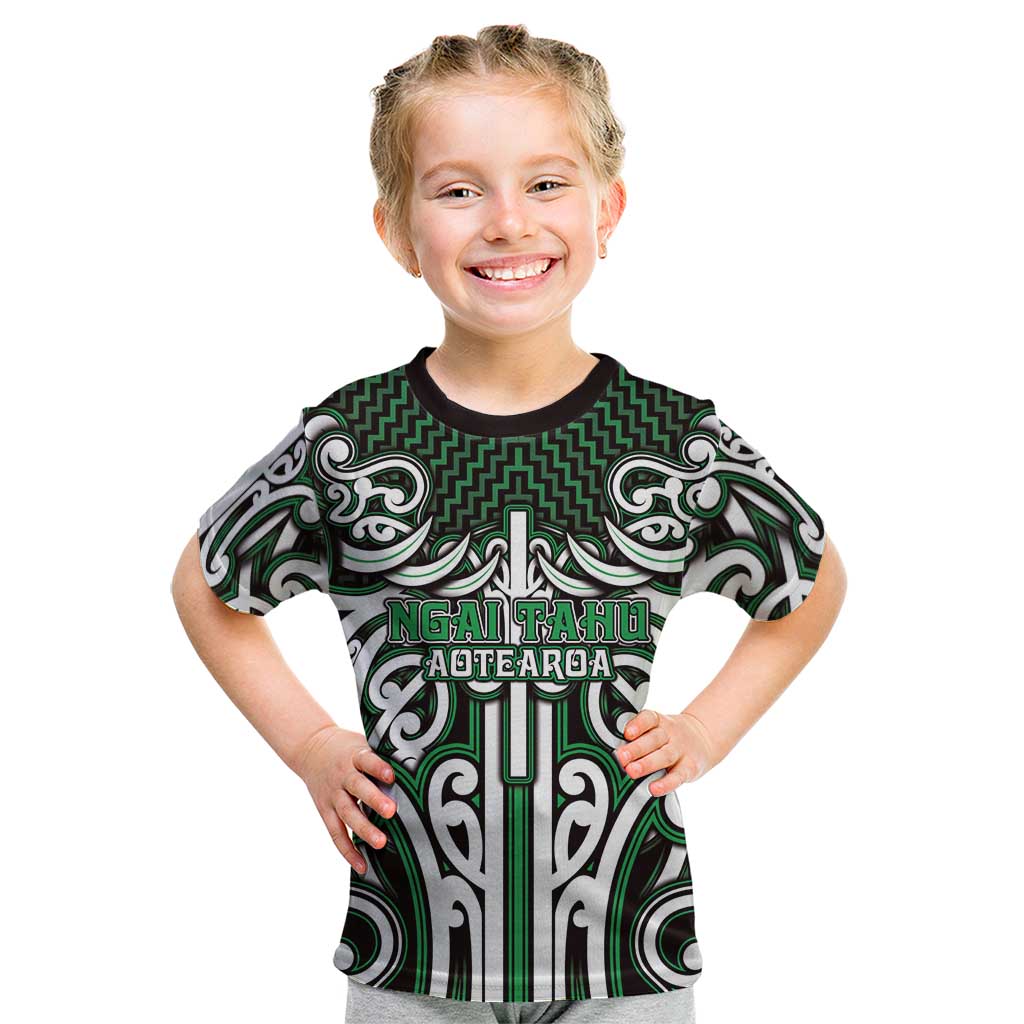 Custom Aotearoa Ngai Tahu Kid T Shirt Maori Tribal Pattern Mix Poutama LT05 Green - Polynesian Pride