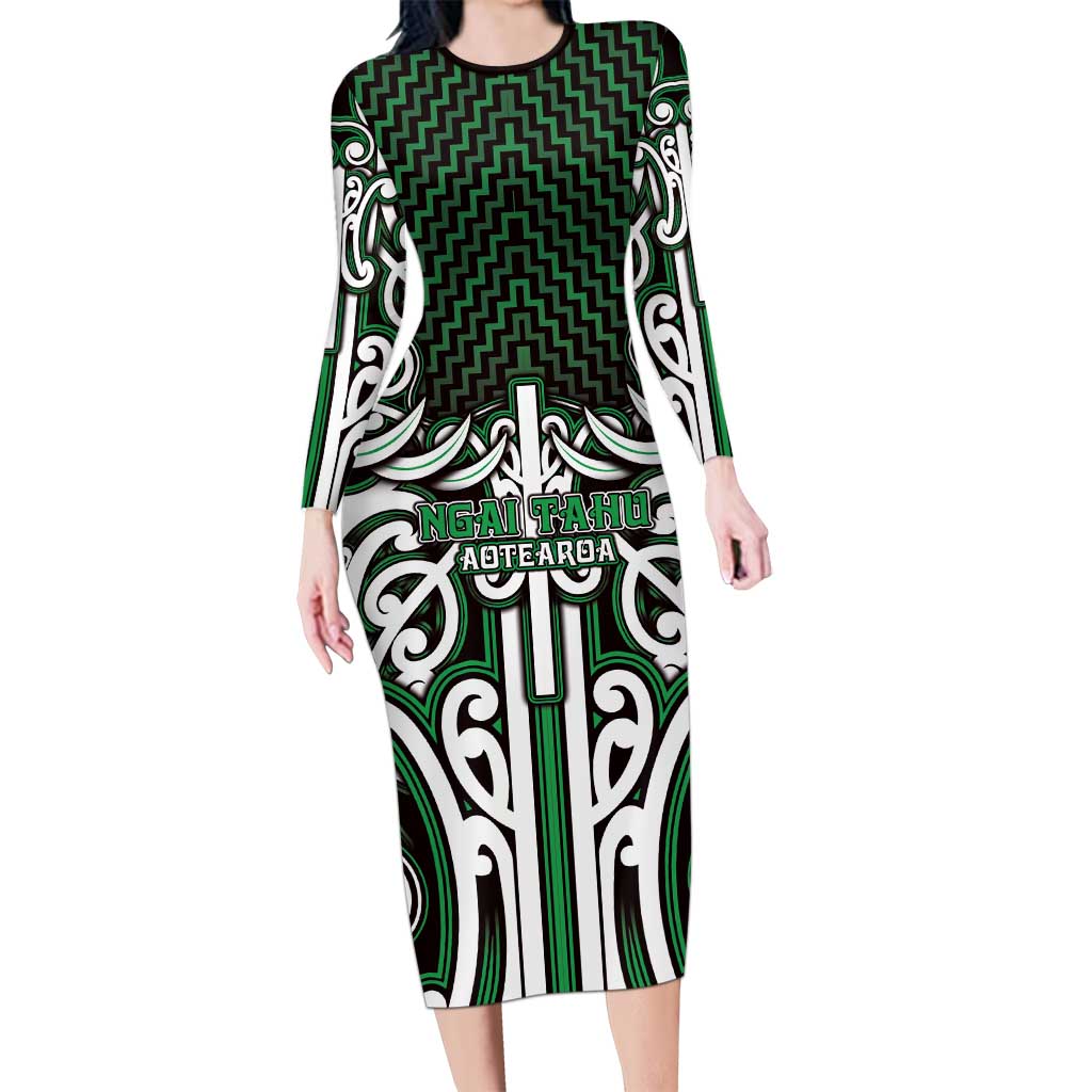 Custom Aotearoa Ngai Tahu Long Sleeve Bodycon Dress Maori Tribal Pattern Mix Poutama LT05 Long Dress Green - Polynesian Pride