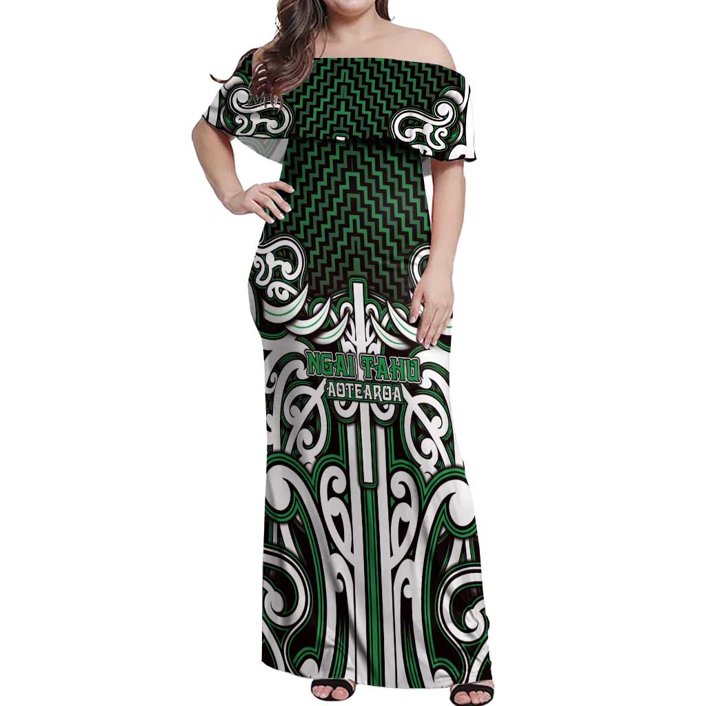 Custom Aotearoa Ngai Tahu Off Shoulder Maxi Dress Maori Tribal Pattern Mix Poutama LT05 Women Green - Polynesian Pride