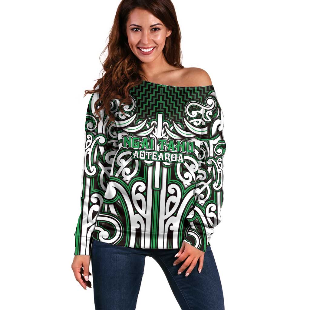 Custom Aotearoa Ngai Tahu Off Shoulder Sweater Maori Tribal Pattern Mix Poutama LT05 Women Green - Polynesian Pride