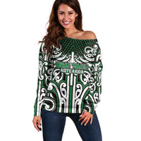 Custom Aotearoa Ngai Tahu Off Shoulder Sweater Maori Tribal Pattern Mix Poutama LT05 Women Green - Polynesian Pride