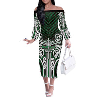 Custom Aotearoa Ngai Tahu Off The Shoulder Long Sleeve Dress Maori Tribal Pattern Mix Poutama LT05 Women Green - Polynesian Pride
