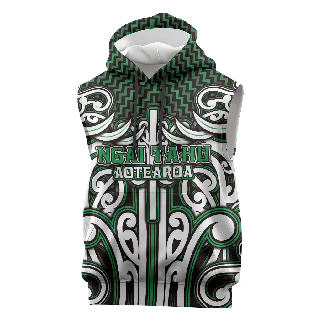 Custom Aotearoa Ngai Tahu Sleeveless Hoodie Maori Tribal Pattern Mix Poutama LT05 Green - Polynesian Pride
