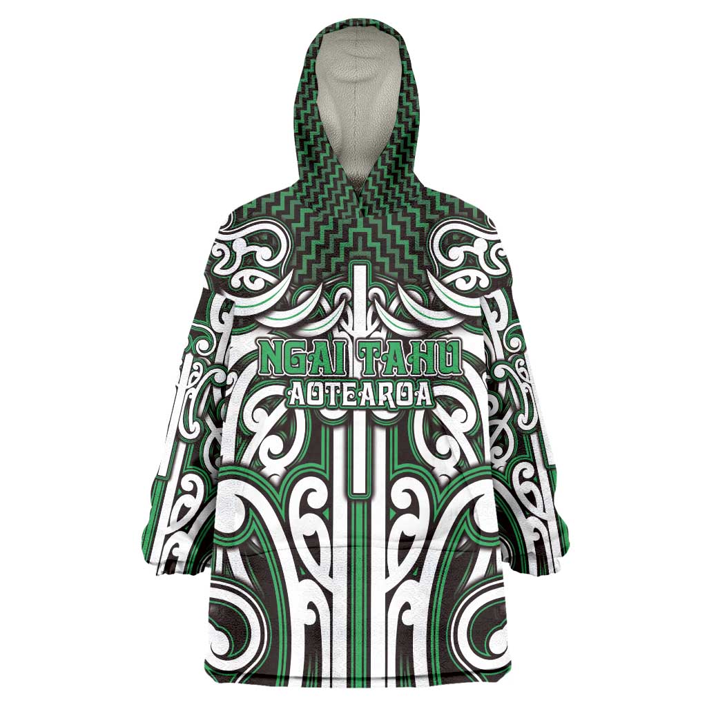Custom Aotearoa Ngai Tahu Wearable Blanket Hoodie Maori Tribal Pattern Mix Poutama LT05 One Size Green - Polynesian Pride