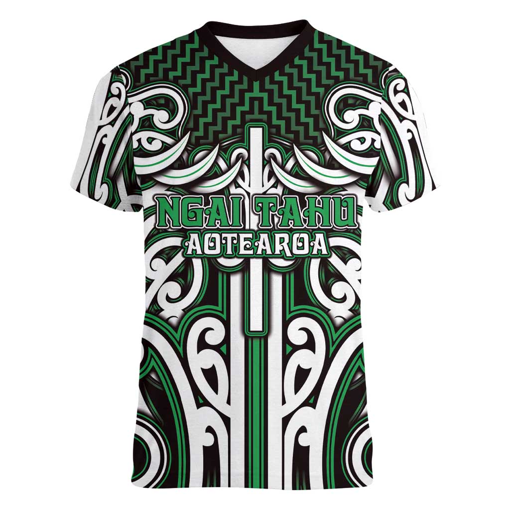 Custom Aotearoa Ngai Tahu Women V-Neck T-Shirt Maori Tribal Pattern Mix Poutama