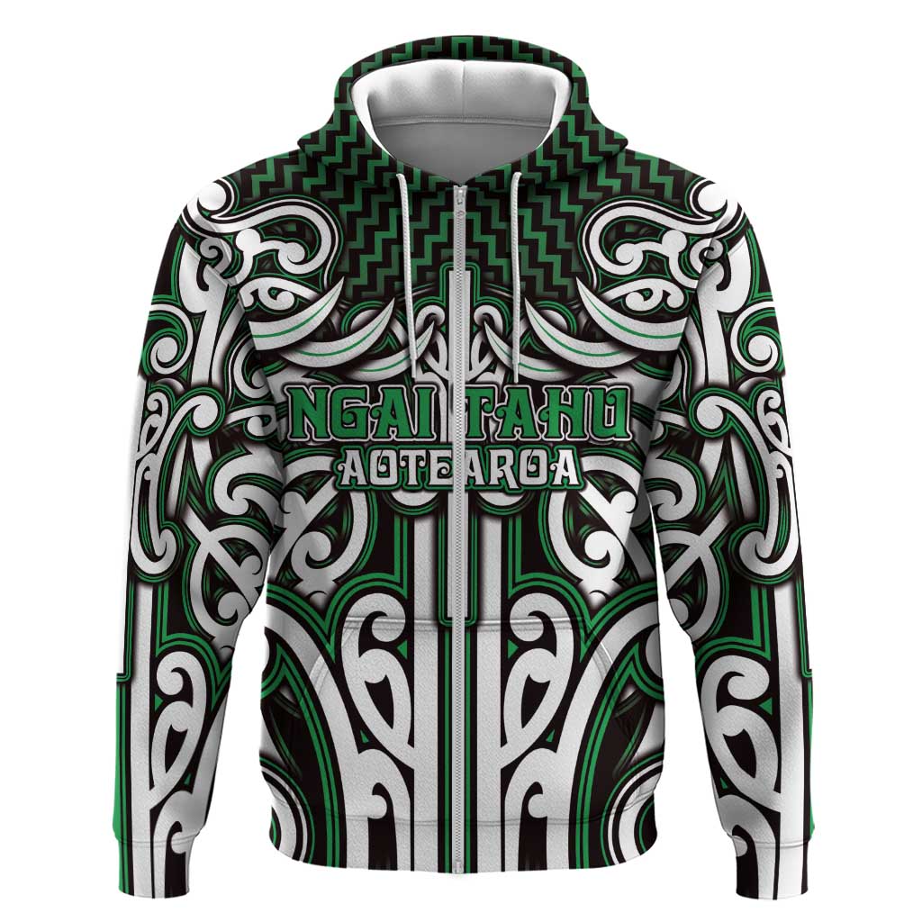 Custom Aotearoa Ngai Tahu Zip Hoodie Maori Tribal Pattern Mix Poutama LT05 Zip Hoodie Green - Polynesian Pride