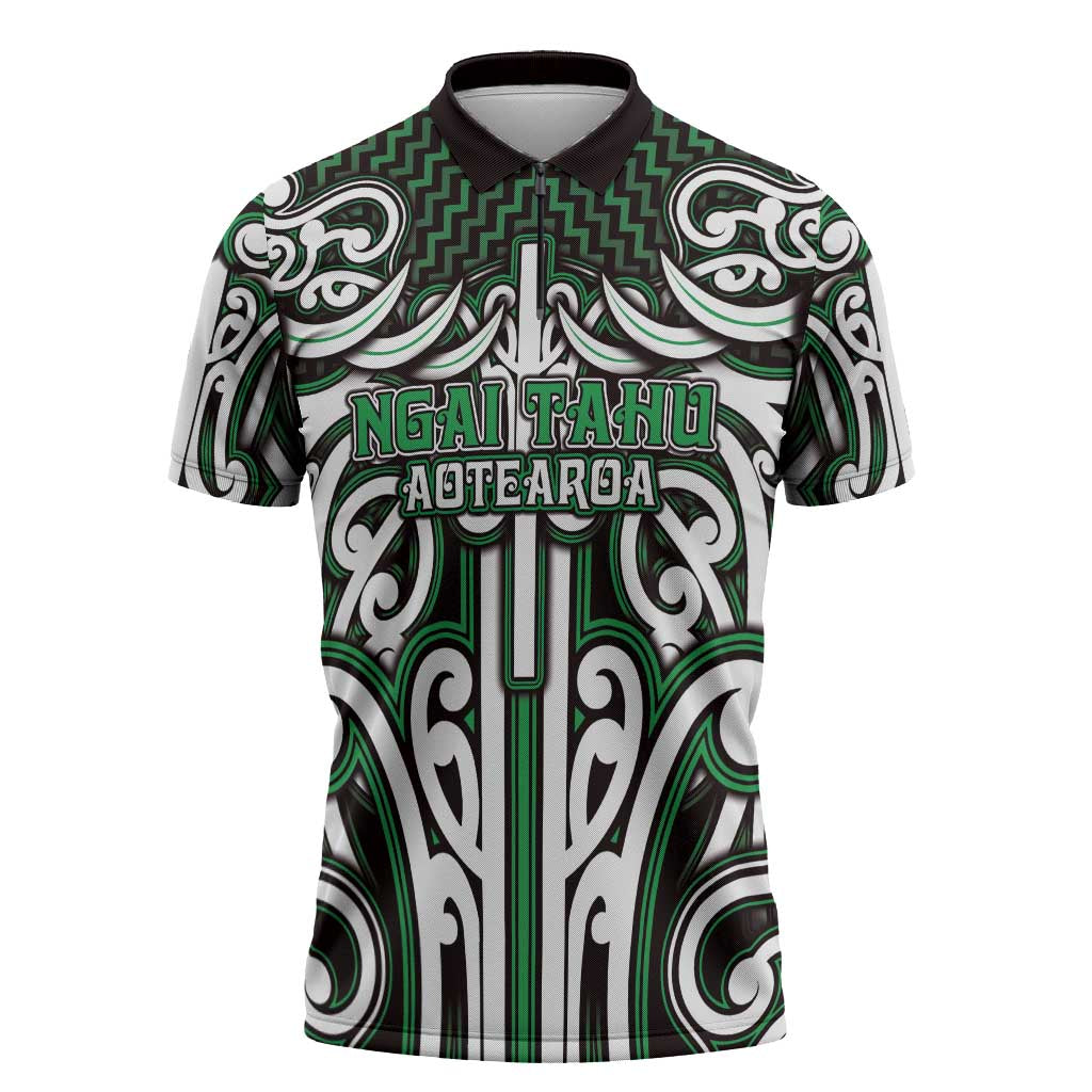 Custom Aotearoa Ngai Tahu Zipper Polo Shirt Maori Tribal Pattern Mix Poutama LT05 Green - Polynesian Pride