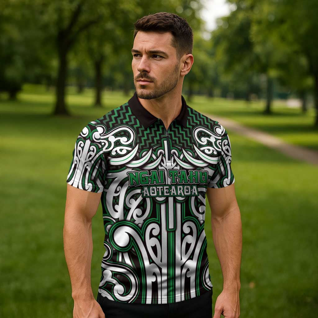 Custom Aotearoa Ngai Tahu Zipper Polo Shirt Maori Tribal Pattern Mix Poutama LT05 - Polynesian Pride