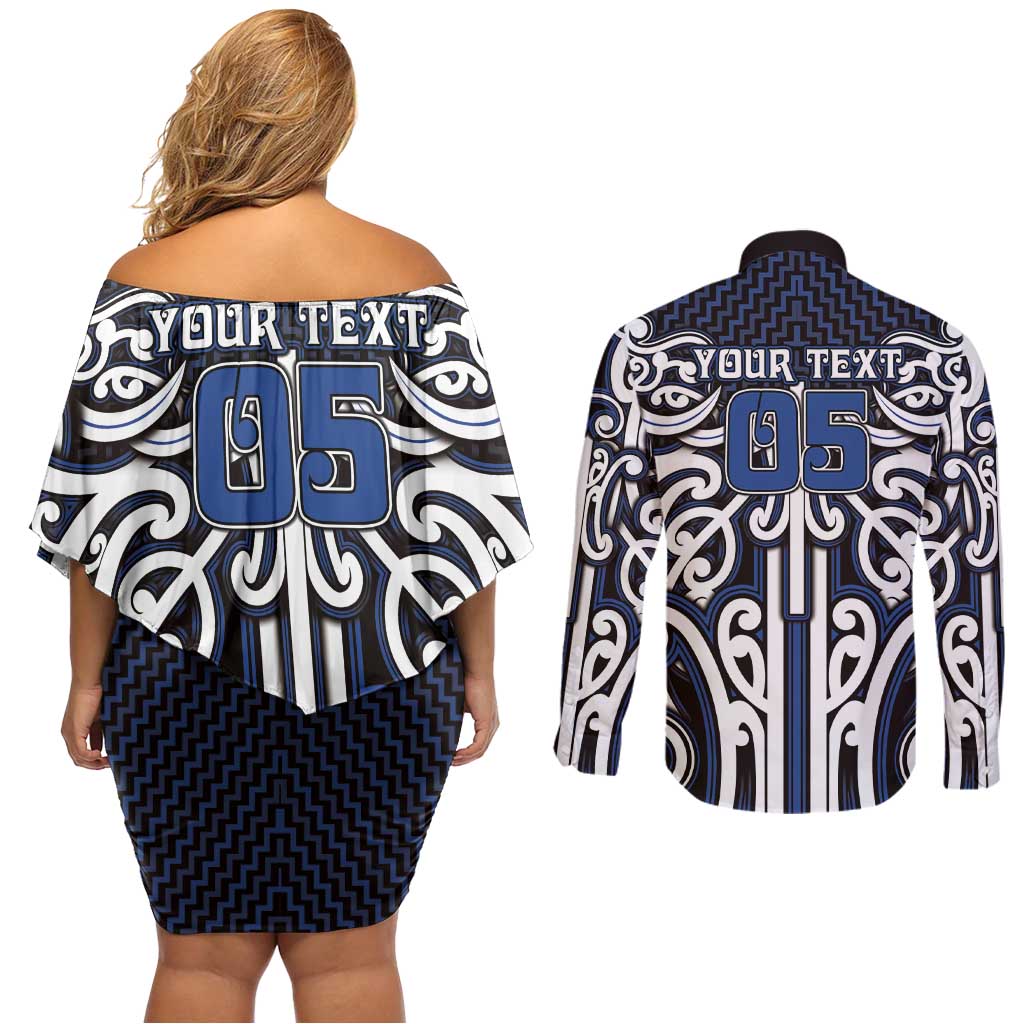 Custom Aotearoa Ngati Tuwharetoa Couples Matching Off Shoulder Short Dress and Long Sleeve Button Shirt Maori Tribal Pattern Mix Poutama