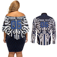 Custom Aotearoa Ngati Tuwharetoa Couples Matching Off Shoulder Short Dress and Long Sleeve Button Shirt Maori Tribal Pattern Mix Poutama